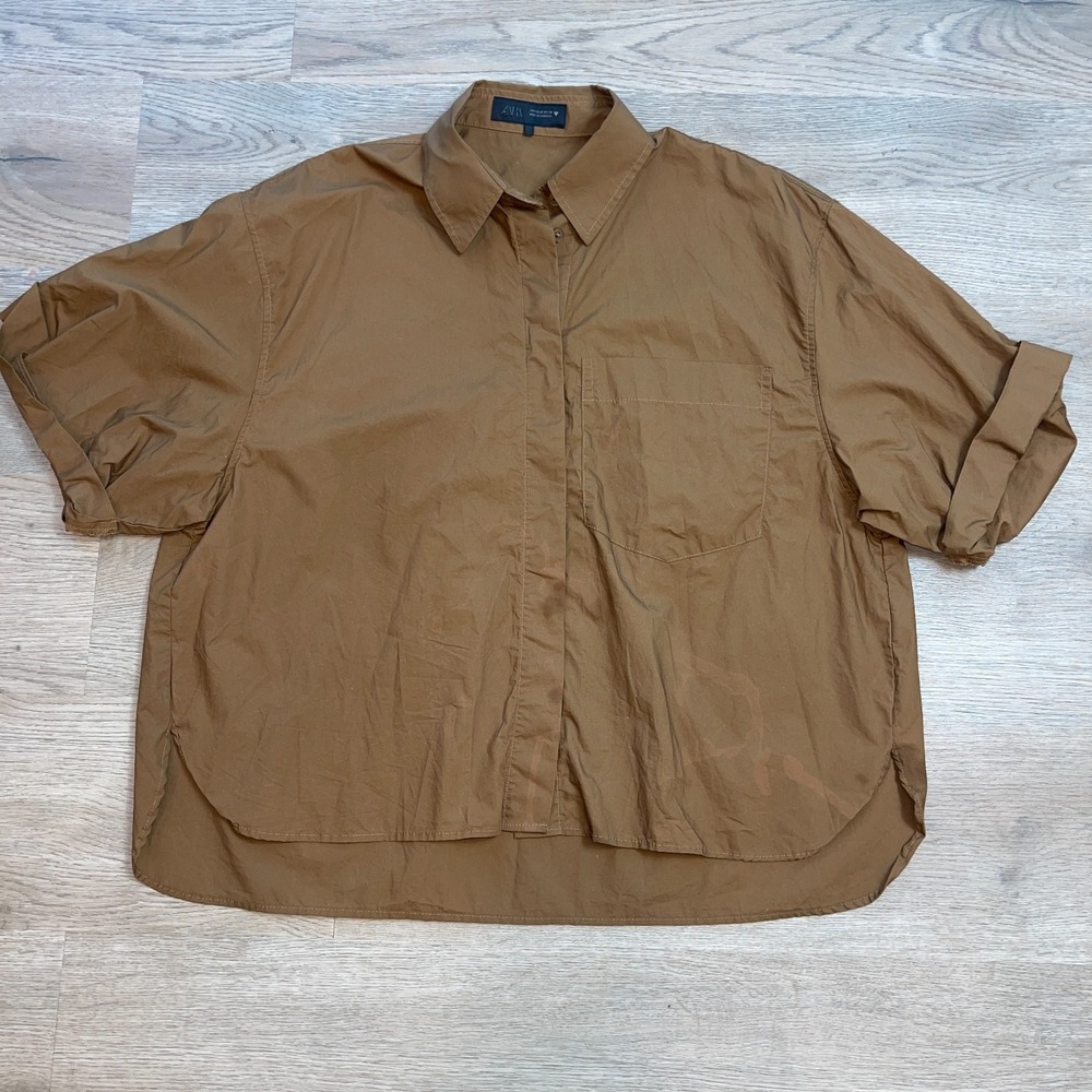 ZARA Womens M Brown Oversized Short Sleeve Button Up Shirt Top Pocket